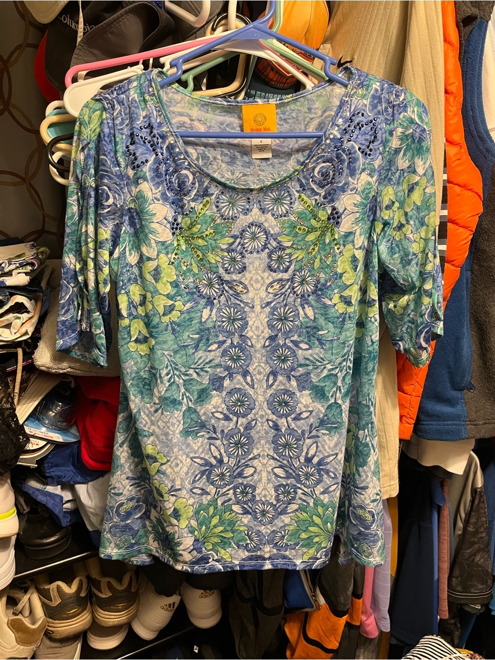 Ruby Rd. Blue & Green Floral Scoop-Neck Short Sleeve Top